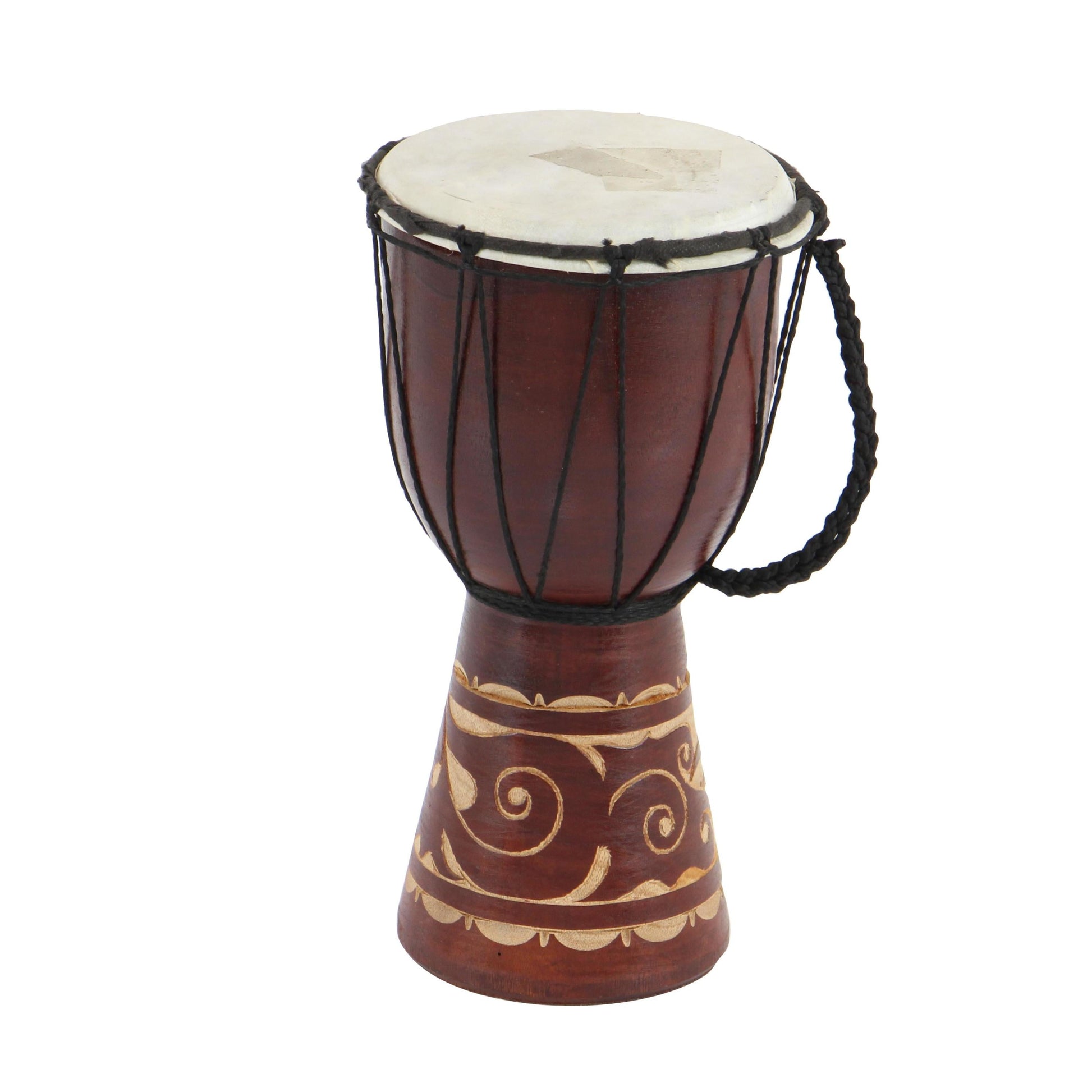 7" X 12" Brown Wood Handmade Djembe Drum Sculpture with Rope Accents, by