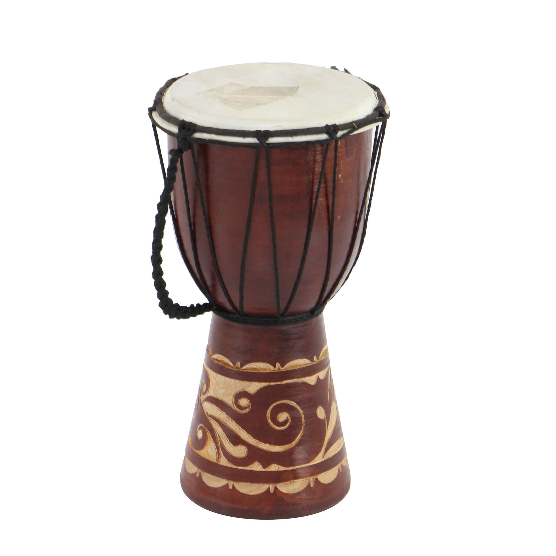 7" X 12" Brown Wood Handmade Djembe Drum Sculpture with Rope Accents, by