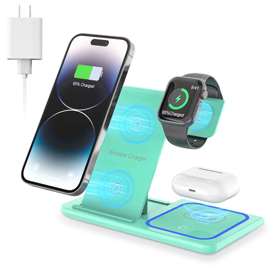 Wireless Charger, 18W Fast Iphone Charging Station for Iphone 16/15/14/13/12 /11/Pro Max/Plus, 3 in 1 Wireless Charging Stand for Iwatch Series SE 10/9/8/7/6/5/4/3, Airpods Pro/3/2 (W/ QC3.0 Adapter)