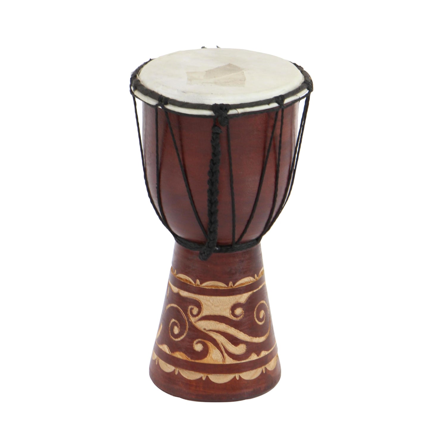 7" X 12" Brown Wood Handmade Djembe Drum Sculpture with Rope Accents, by