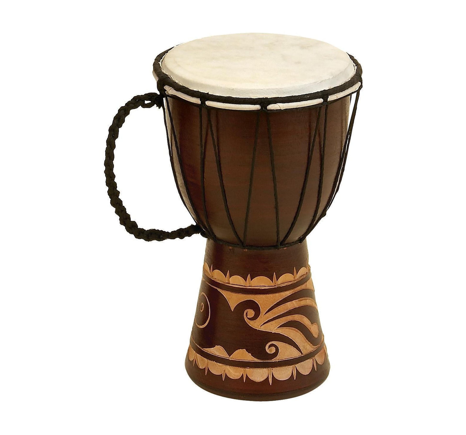 7" X 12" Brown Wood Handmade Djembe Drum Sculpture with Rope Accents, by