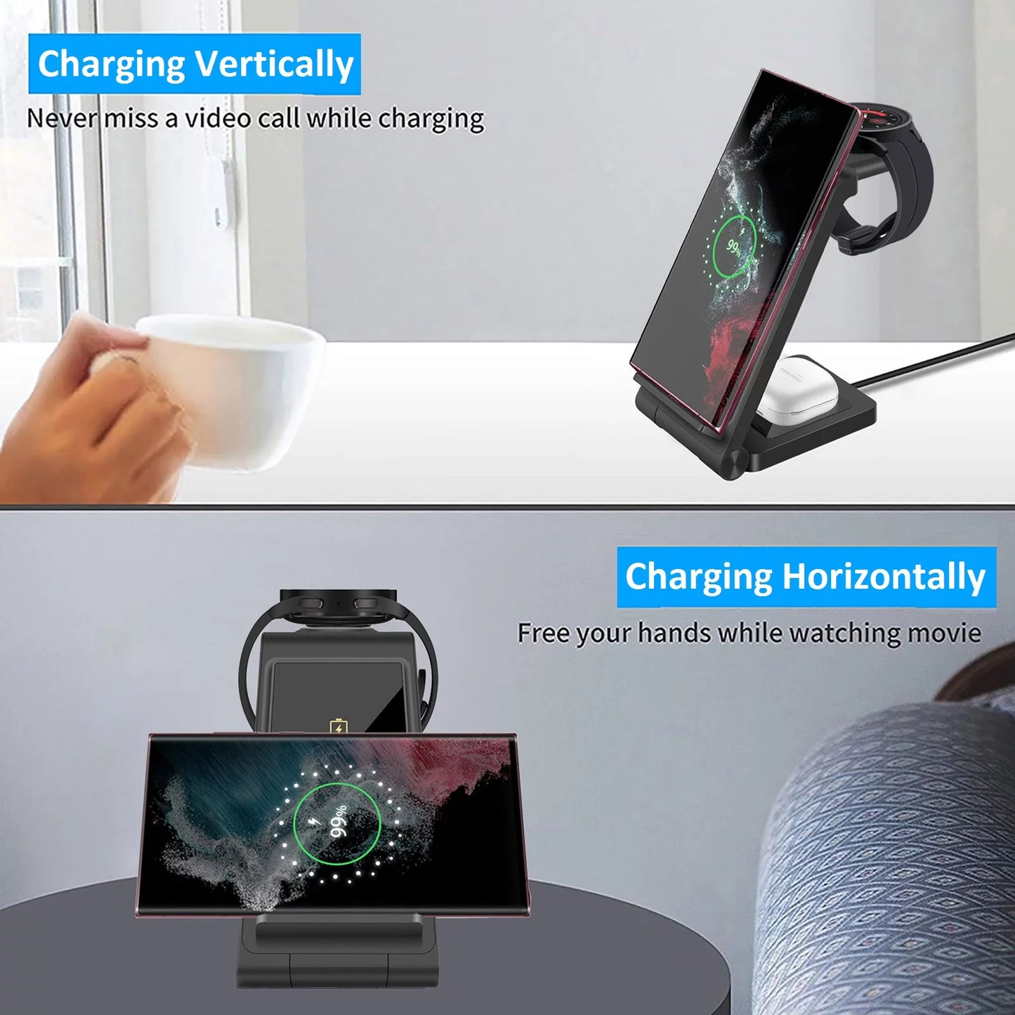 3 in 1 Wireless Charger, 15W Wireless Charging Stand Station Foldable Fast for Samsung Galaxy /Note, Galaxy Watch5/4/3,Active 2/1, Galaxy Buds (Black- for Samsung)