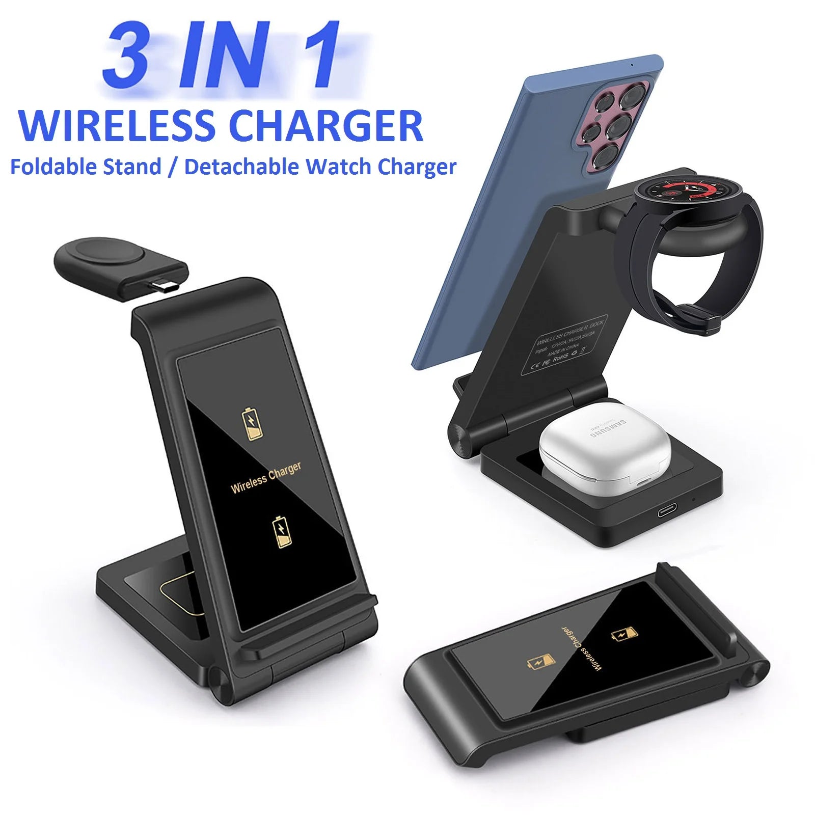 3 in 1 Wireless Charger, 15W Wireless Charging Stand Station Foldable Fast for Samsung Galaxy /Note, Galaxy Watch5/4/3,Active 2/1, Galaxy Buds (Black- for Samsung)