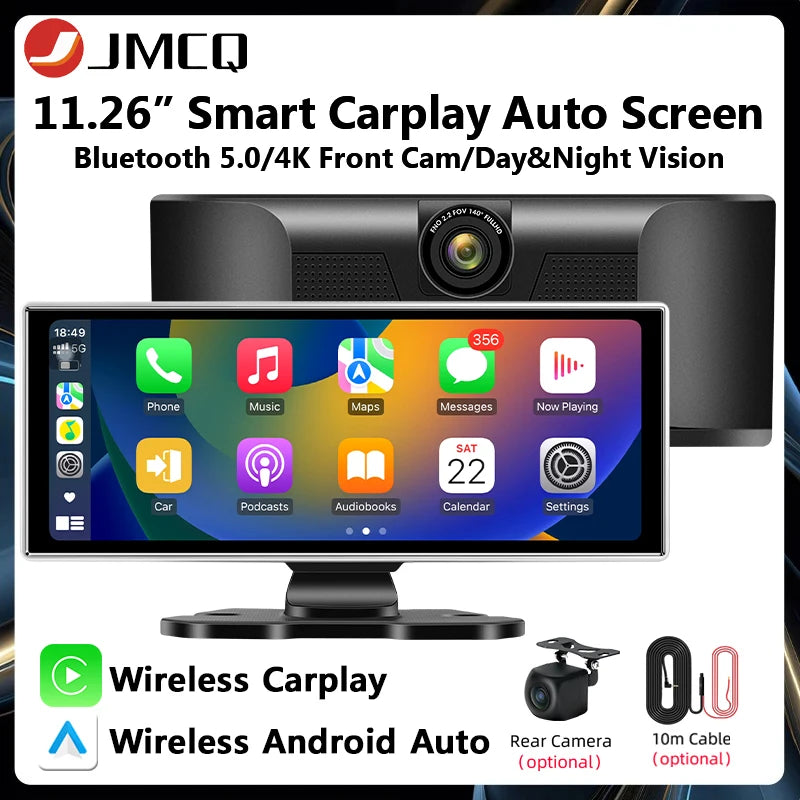 Universal 11.26" 4K Front Cam Car DVR Wireless Carplay Android Auto Video Recorder QLED Screen WIFI AUX FM Dual Lens GPS