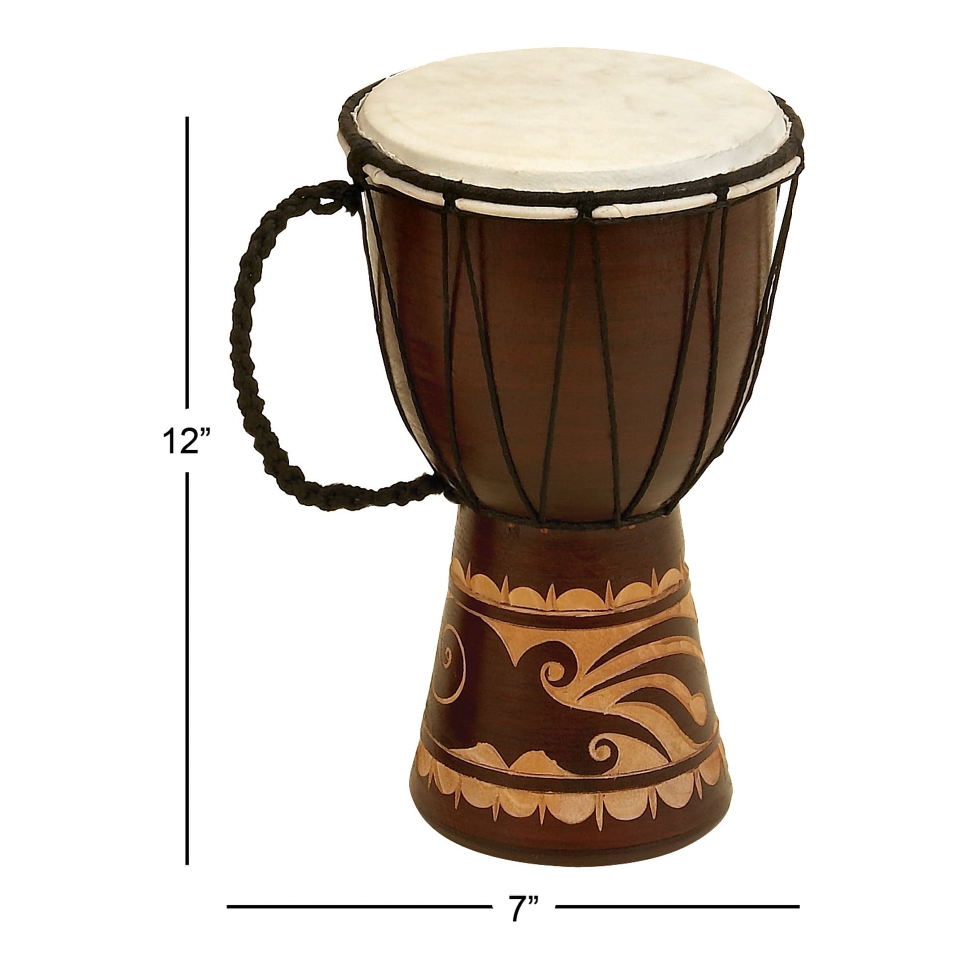 7" X 12" Brown Wood Handmade Djembe Drum Sculpture with Rope Accents, by